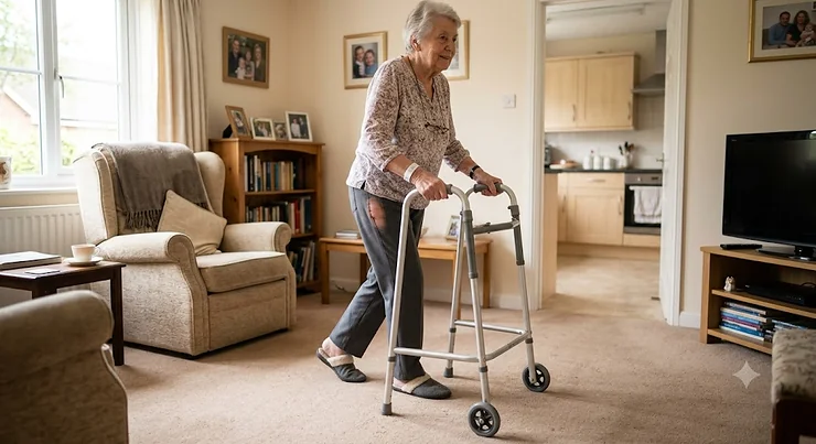 An elderly woman using a walking frame after hip replacement surgery to move safely around her living room.