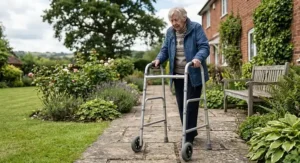 An elderly British woman using an adjustable height wheeled zimmer frame to walk safely along a paved garden path.