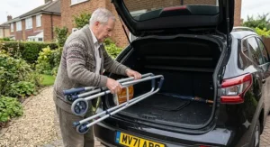 A compact, folded lightweight zimmer frame being easily placed into the boot of a British hatchback car.