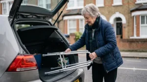 A senior lady placing a folded lightweight walking frame for an elderly woman into the boot of a car.