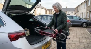 A grey folding walking frame for travel being easily lifted into the boot of a standard British family hatchback car.