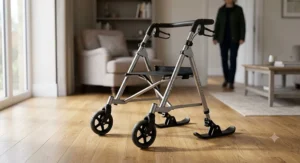 An adjustable folding walking frame for travel featuring front wheels for smooth mobility on smooth indoor flooring.