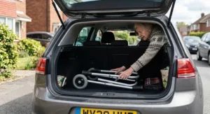 A folding wheeled zimmer frame collapsed flat, being placed into the boot of a standard British family hatchback car.