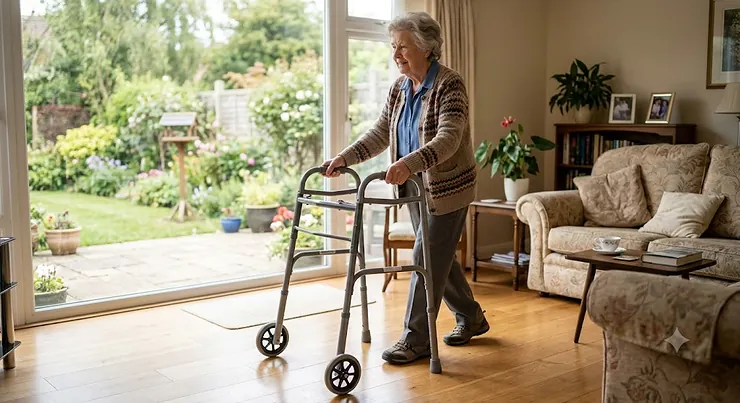 A standard grey folding zimmer frame with front wheels and comfortable hand grips, designed as a walking aid for elderly people.