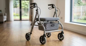 A four-wheeled folding zimmer frame style rollator featuring an integrated padded seat and under-seat storage basket.