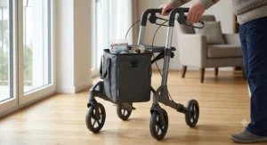 Side angle of a four wheel mobility rollator featuring loop brakes and a weatherproof shopping bag