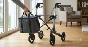 A lightweight four wheel rollator walker showing the detachable large shopping bag with handles