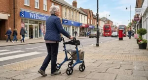 Four wheel rollator with seat and padded back rest being pushed along a high street pavement