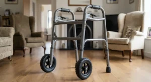 A heavy-duty bariatric folding zimmer frame with a reinforced steel structure for enhanced weight capacity and stability.