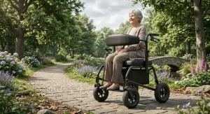 Heavy duty rollator with wide padded seat and back rest designed for comfortable mobility support