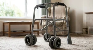 Bariatric wheeled zimmer frame with a reinforced steel chassis and dual front wheels for heavy-duty mobility assistance.