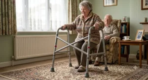 A patient safely using a heavy-duty bariatric zimmer frame to walk independently in a British living room.