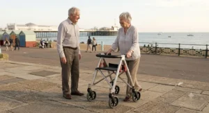 A height adjustable folding walking frame for travel, tailored to provide stable support for seniors on holiday.