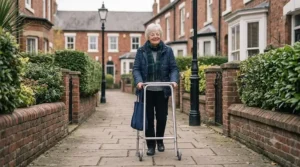 A smiling elderly woman walking confidently down a British residential pavement with her supportive, lightweight walking frame.