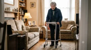 An elderly woman safely navigating her cosy living room using a narrow, lightweight walking frame.