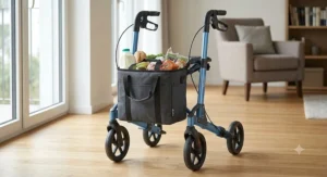 A blue lightweight 4 wheel rollator walker with a spacious zipped shopping bag for storage
