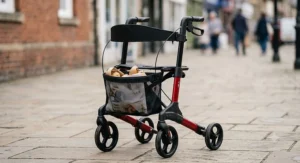 A lightweight four-wheel rollator featuring a padded seat, backrest, and removable canvas shopping basket.
