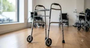 A lightweight aluminium folding zimmer frame featuring two front wheels and non-slip rubber ferrules on the rear legs.