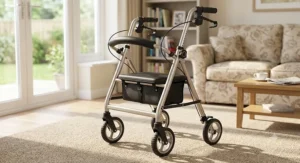 Illustration of a lightweight aluminium rollator walker for elderly people, highlighting its adjustable height handles.
