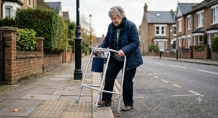 An elderly woman easily lifting a lightweight aluminium walking frame while stepping onto a pavement in the UK.