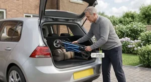 Illustration showing a compact lightweight folding rollator easily fitting into a car boot