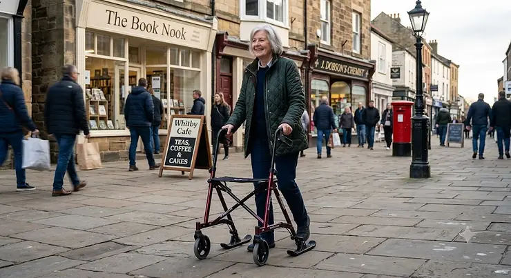 A lightweight folding walking frame for travel, showing a British user walking easily down a paved UK high street.