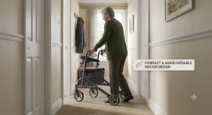 Illustration of a compact lightweight rollator maneuvering easily through a narrow doorway indoors