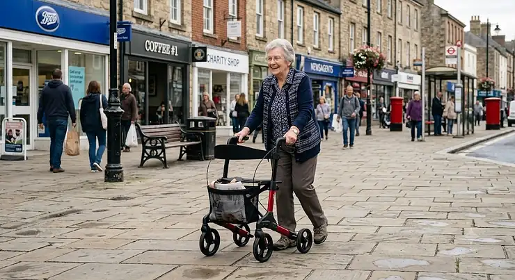An elderly woman smiling while walking outdoors using a lightweight rollator along a paved British high street.