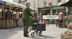 Illustration of a lightweight rollator equipped with a convenient shopping bag attachment for errands