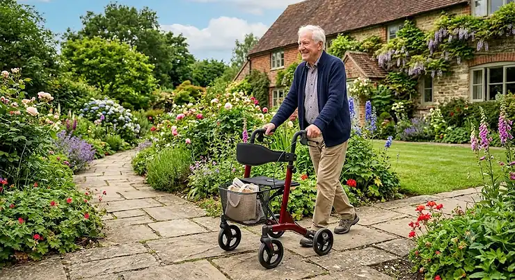 Senior man using a lightweight rollator with seat and back rest on a paved garden path in the UK