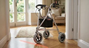 An indoor lightweight three-wheeled walking frame for Parkinson's patients to aid mobility in tight home spaces.