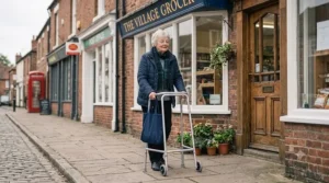 An elderly woman using a lightweight walking frame with a handy front bag outside a traditional British high street shop.