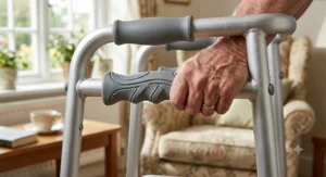 Close-up view of the contoured anatomical handgrips on a lightweight zimmer frame designed to reduce pressure on senior hands.