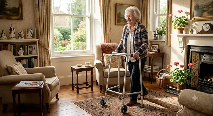 An elderly British woman smiling while using a lightweight zimmer frame to walk in her sunny living room.