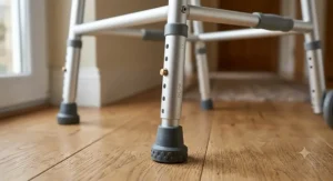 Close-up shot of the height adjustable push-button legs on a lightweight zimmer frame with non-slip rubber ferrules.