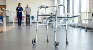A standard NHS-style lightweight zimmer frame with a durable silver frame and non-slip rubber feet used for mobility rehabilitation.