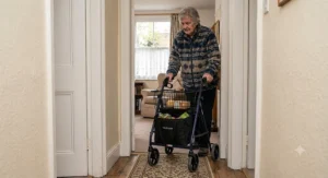 A senior man maneuvering a compact 3 wheel rollator through a narrow doorway inside a British home.