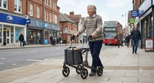 An elderly person walking on a British high street pavement using a 4 wheel rollator with shopping bag