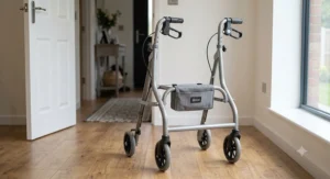 A narrow folding zimmer frame designed to fit easily through standard UK indoor doorways and tight hallways.