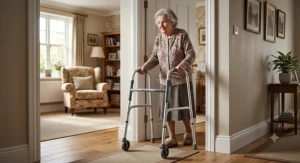 A narrow lightweight zimmer frame designed for indoor use navigating through a standard UK household doorway.