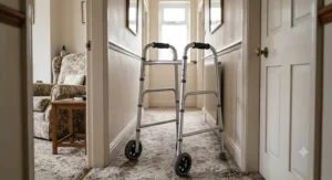 Narrow wheeled zimmer frame designed for indoor use to navigate tight hallways and doorways in British homes.
