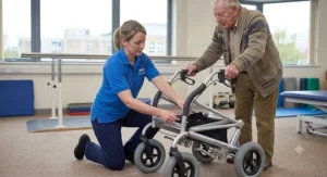 An NHS physiotherapist adjusting the handlebar height of a wheeled walking frame for a Parkinson's patient.