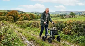 Active senior pushing an off-road outdoor rollator walker along a scenic British countryside trail