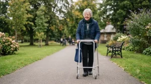 An older woman enjoying a stroll along a paved path in a British park using a sturdy, lightweight walking frame.