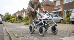 A durable outdoor wheeled walking frame for Parkinson's with large tyres being pushed along a British pavement.