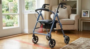 A specialised wheeled walking frame for Parkinson's projecting a red laser line visual cue to help overcome gait freezing.