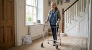 A patient carefully navigating a carpeted hallway using a wheeled walking frame after hip replacement recovery.