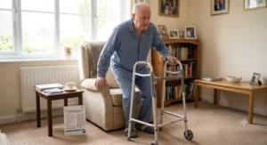 A post-operative patient safely standing up from an armchair using a walking frame after hip replacement surgery.