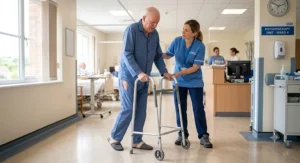 An NHS physiotherapist guiding a male patient on how to use a wheeled walking frame after hip replacement in a hospital ward.