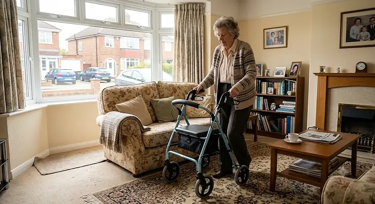 A lightweight four-wheeled rollator walker for elderly users being used safely inside a cosy British living room.